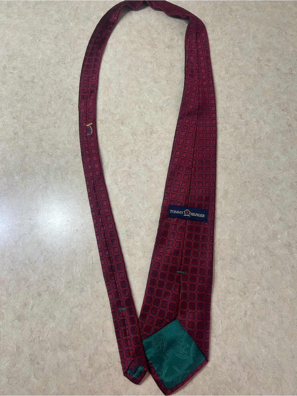 Tommy Hilfiger 100% Silk Necktie Geometric Pattern Logo Red Made In USA